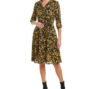 New Nanette Lepore Black & Yellow Floral Print Knee Length Belted Dress Size 14